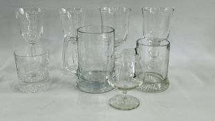 A COLLECTION OF ASSORTED MASONIC RELATED GLASS DRINKING VESSELS TO INCLUDE TANKARDS.