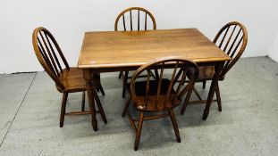 A BEECHWOOD KITCHEN TABLE & 4 STICK BACK KITCHEN CHAIRS, 122 X 76CM.