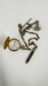 A WALTHAM POCKET WATCH WITH CHAIN, PENCIL AND FOB ATTACHED - FACE DIAMETER 3.5CM.