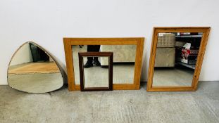 4 X VARIOUS MIRRORS TO INCLUDE 2 X PINE FRAMED 55 X 71CM AND 79 X 60CM,