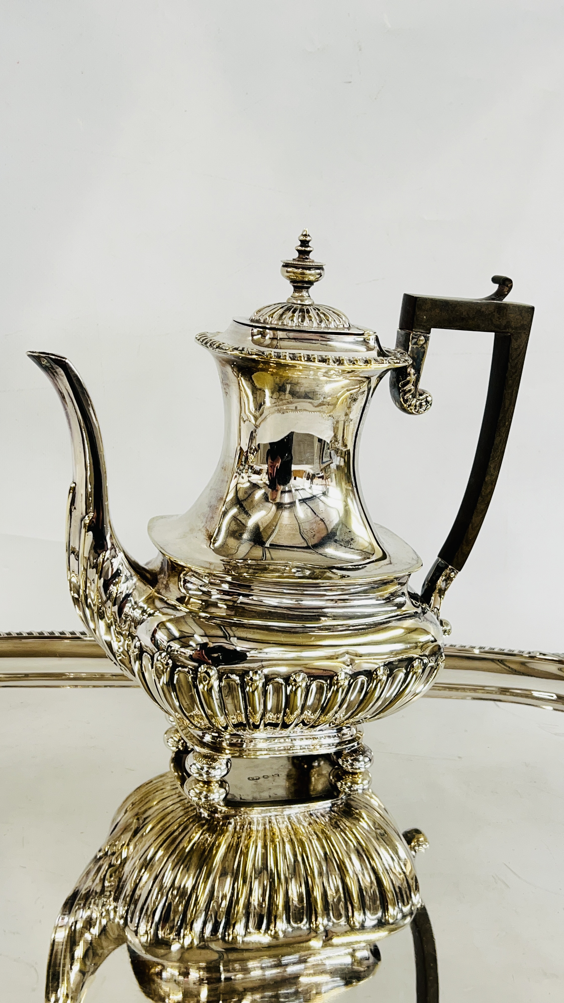 A VINTAGE 4 PIECE SILVER PLATED TEA SET AND AN IMPRESSIVE TWO HANDLED TRAY OF SHELL DESIGN MARKED H. - Image 3 of 9