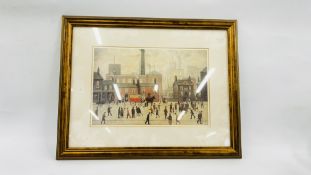 A FRAMED LOWRY PRINT "COMING HOME FROM THE MILL" W 31CM X H 21CM.