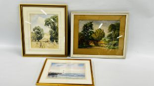 A GROUP OF THREE ORIGINAL FRAMED ART WORKS TO INCLUDE A SEASCAPE WATERCOLOUR,
