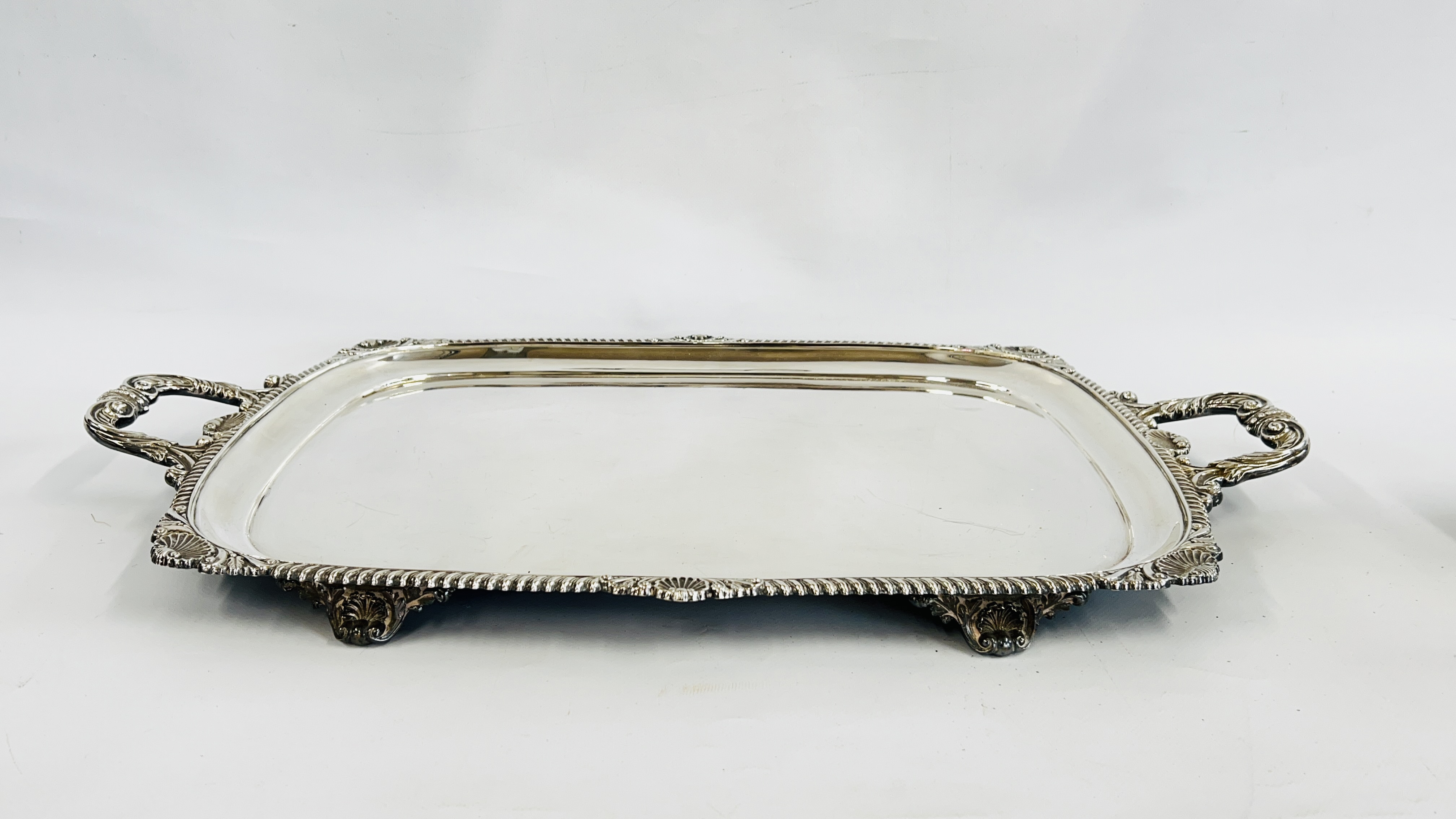 A VINTAGE 4 PIECE SILVER PLATED TEA SET AND AN IMPRESSIVE TWO HANDLED TRAY OF SHELL DESIGN MARKED H. - Image 5 of 9