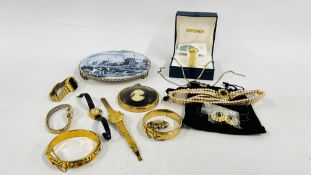 A BOX OF COLLECTIBLES TO INCLUDE JEWELLERY AND WATCHES.