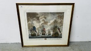 A FRAMED AND MOUNTED COLOURED PRINT DEPICTING A SHIPPING FLEET W 84CM X H 75CM.