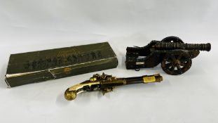 TWO REPLICA FLINTLOCK PISTOL & CANON INC. ARMAS ANTIQUES - NO POSTAGE OR PACKING.