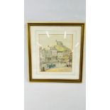 A FRAMED AND MOUNTED WATERCOLOUR, HARBOUR SCENE WITH FIGURES AND BOATS BEARING SIGNATURE W.J.