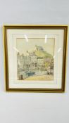 A FRAMED AND MOUNTED WATERCOLOUR, HARBOUR SCENE WITH FIGURES AND BOATS BEARING SIGNATURE W.J.