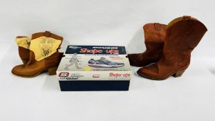 PAIR OF AS NEW BOXED SKETCHERS "SHAPE UPS" TRAINERS SIZE 11 AND TWO PAIRS OF WESTERN STYLE BOOTS.