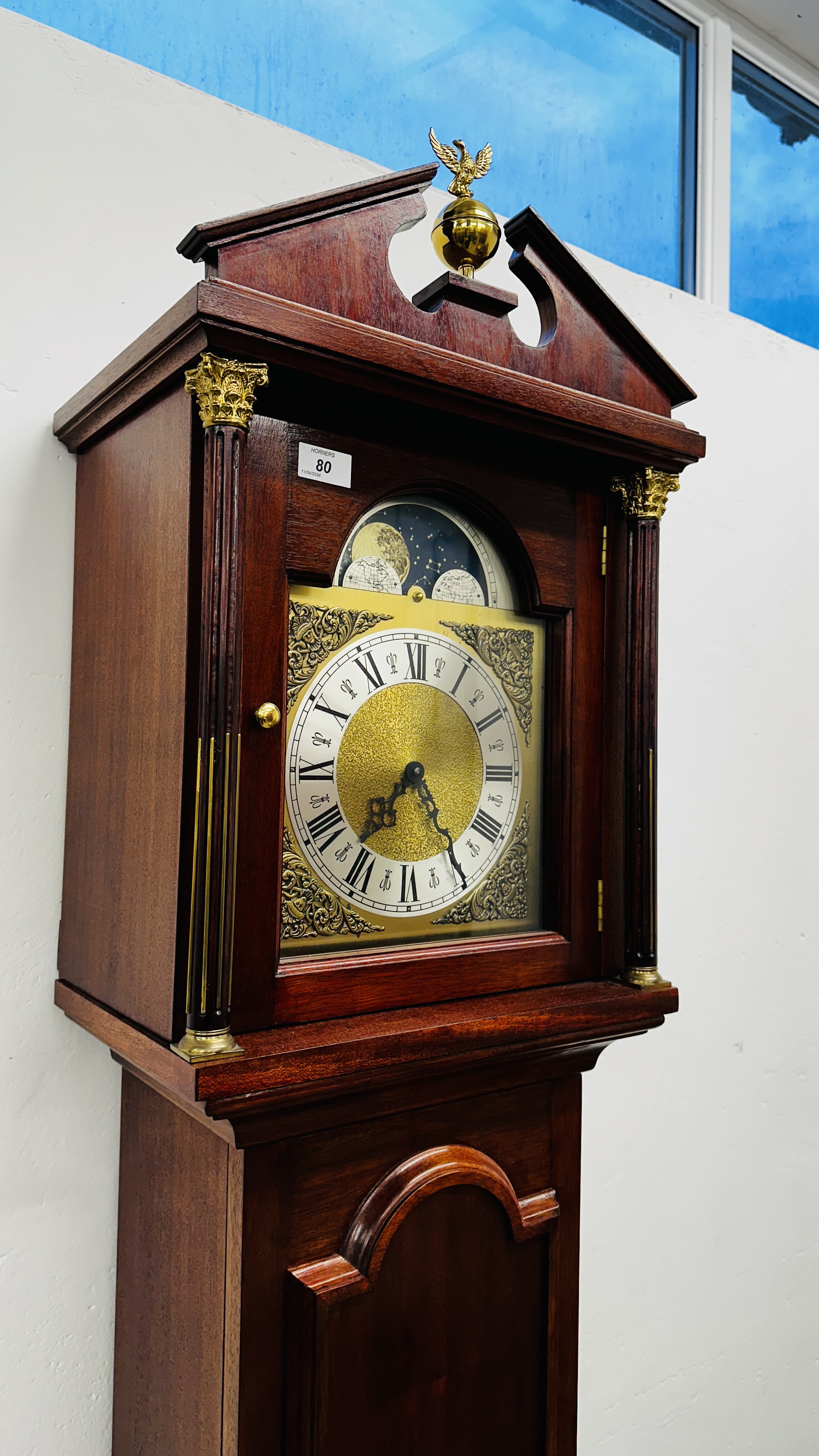 A MAHOGANY CASED REPRODUCTION GRANDFATHER CLOCK WITH MOON PHASE DIAL, - Image 3 of 9