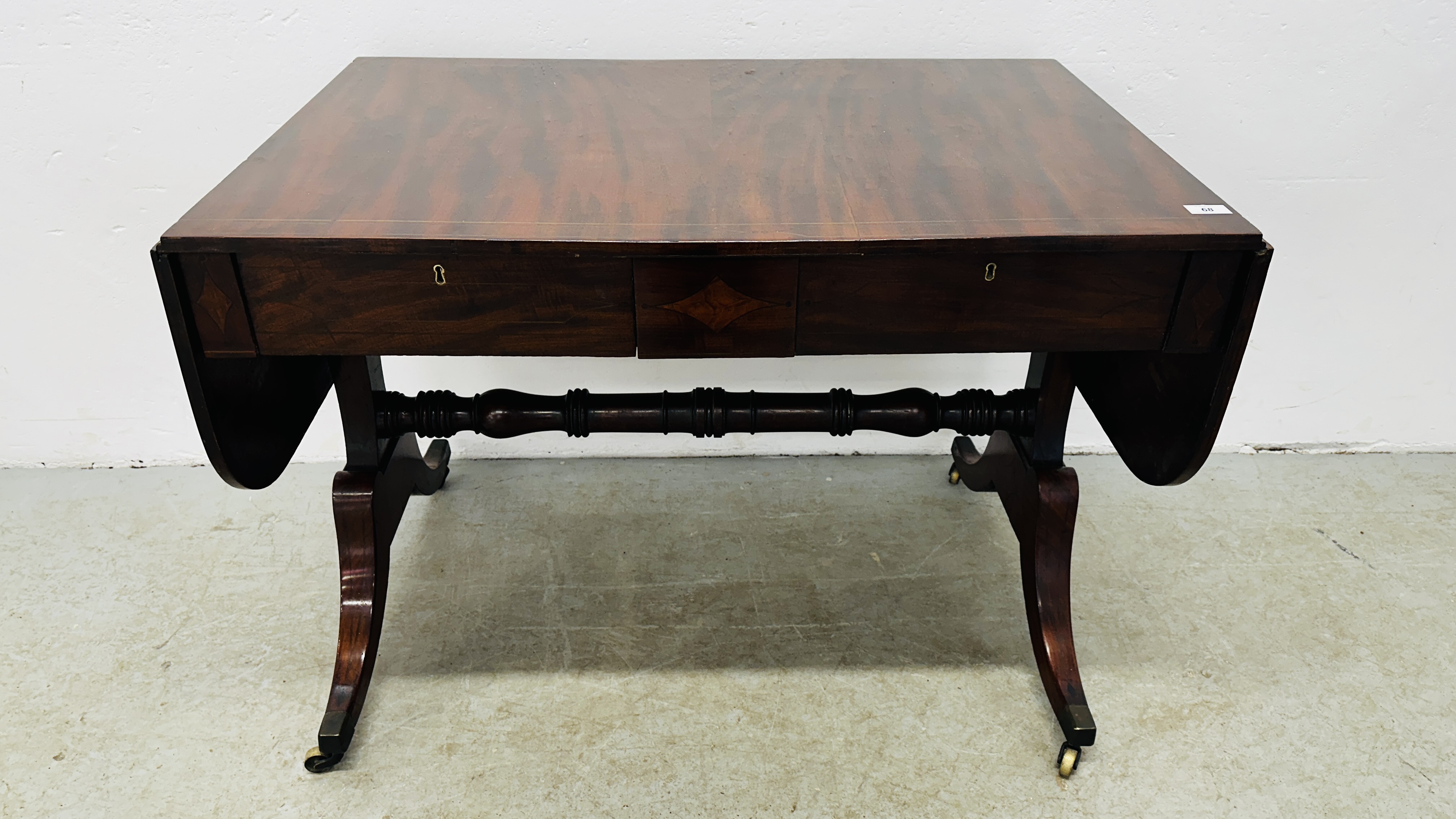 GEORGIAN MAHOGANY AND INLAID TWO DRAWER SOFA TABLE WITH STRETCHER SUPPORT W 143CM X D 63CM X H 71.