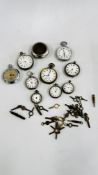 A GROUP OF POCKET WATCHES TO INCLUDE SOME SILVER, ONE MARKED BR ALONG WITH A QUANTITY OF KEYS.