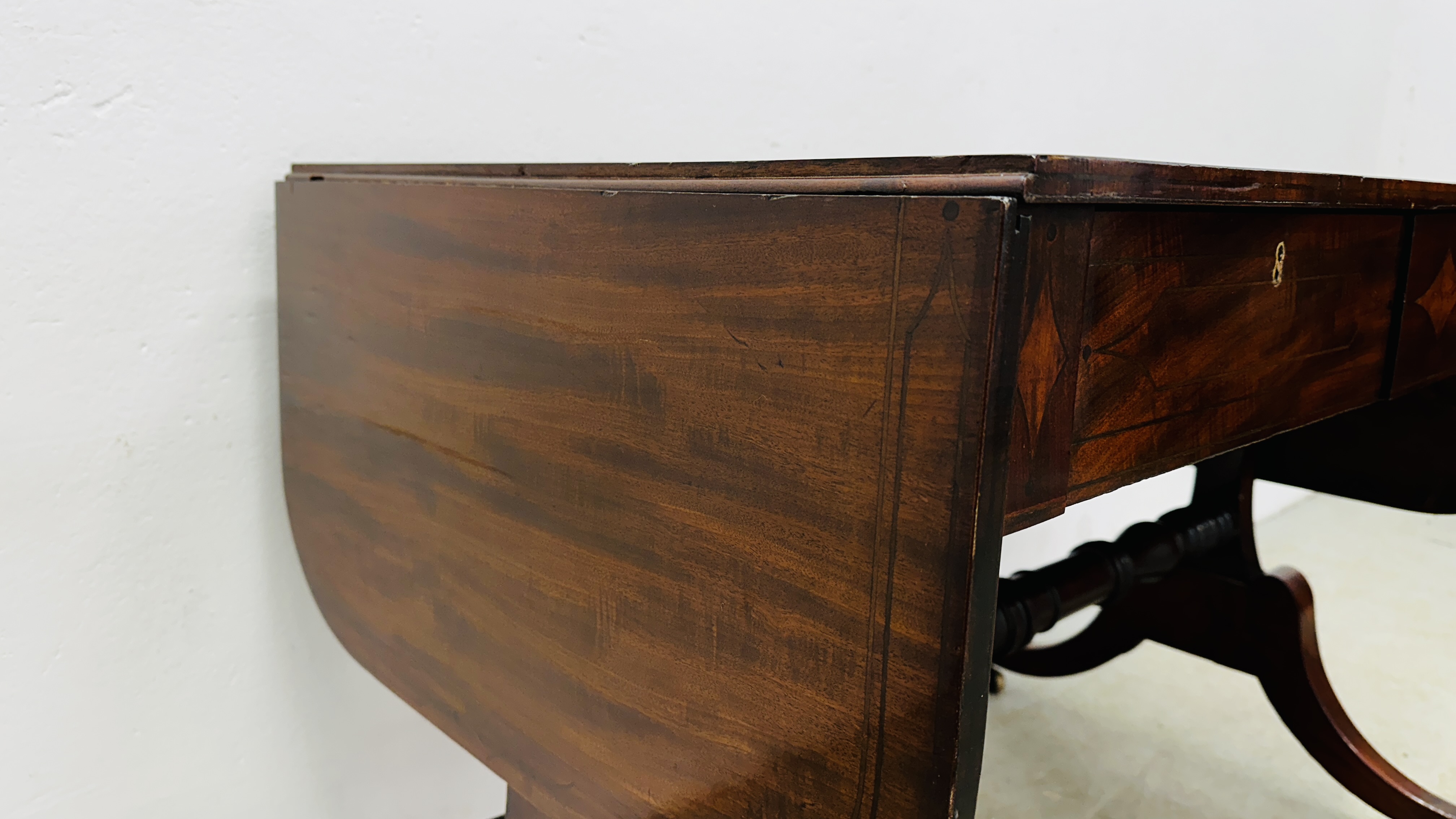 GEORGIAN MAHOGANY AND INLAID TWO DRAWER SOFA TABLE WITH STRETCHER SUPPORT W 143CM X D 63CM X H 71. - Image 6 of 20