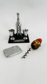AN ART DECO COCKTAIL TABLE LIGHTER ALONG WITH A VESTA AND CORKSCREW.