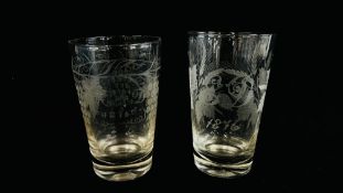 TWO SIMILAR C19TH TUMBLERS, ONE HOP & BARLEY ENGRAVED WITH MONOGRAM & DATE 1876,