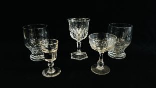 A VINTAGE SWEET MEAT GLASS ENGRAVED RYHOUSE 1884, ALONG WITH A TULIP SHAPED GLASS ON HEXAGONAL FOOT,