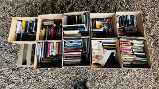 12 BOXES OF ASSORTED BOOKS TO INCLUDE MODERN NOVELS AND REFERENCE.