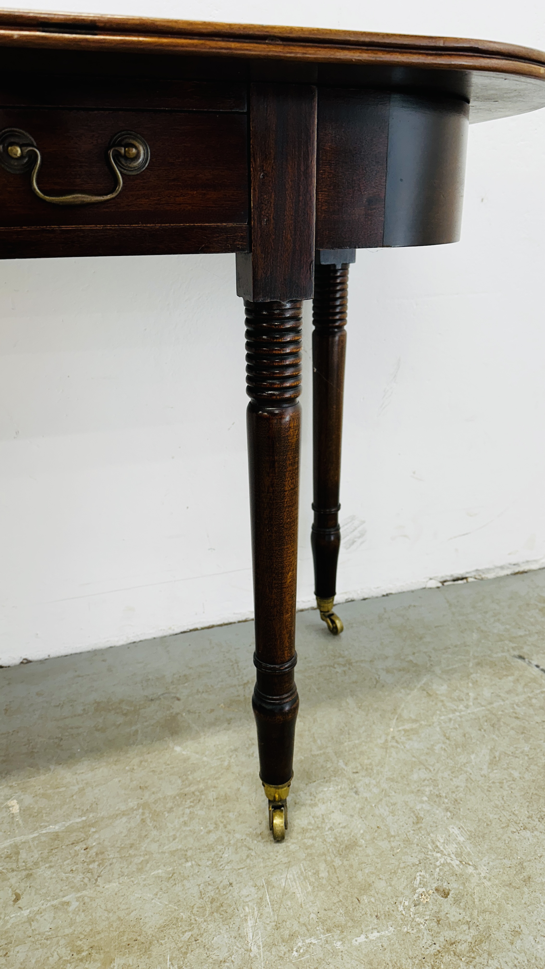 A MAHOGANY D END TABLE SUPPORTED ON BRASS CASTERS 126CM W X 49CM D X 79CM H. - Image 11 of 14