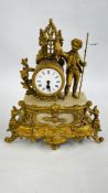 A VINTAGE GILT METAL FIGURAL MANTEL CLOCK WITH ENAMEL DIAL - H 39CM (KEY AND PENDULUM).