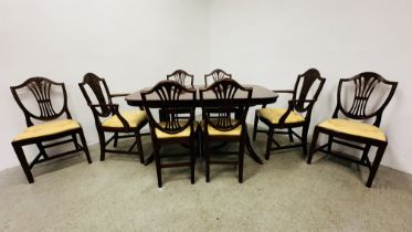 A REPRODUCTION MAHOGANY EXTENDING DINING TABLE COMPLETE WITH 6 CHAIRS & 2 CARVERS HAVING SHIELD