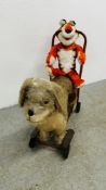 A VINTAGE PUSH ALONG DOG, POSSIBLY TRIANG, FOR RESTORATION ALONG WITH TONY KELLOGS SOFT TOY.