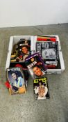 2 BOXES CONTAINING A GROUP OF ELVIS PRESLEY BOOKS, CALENDARS AND AS NEW 1000 PIECE JIGSAW PUZZLE.