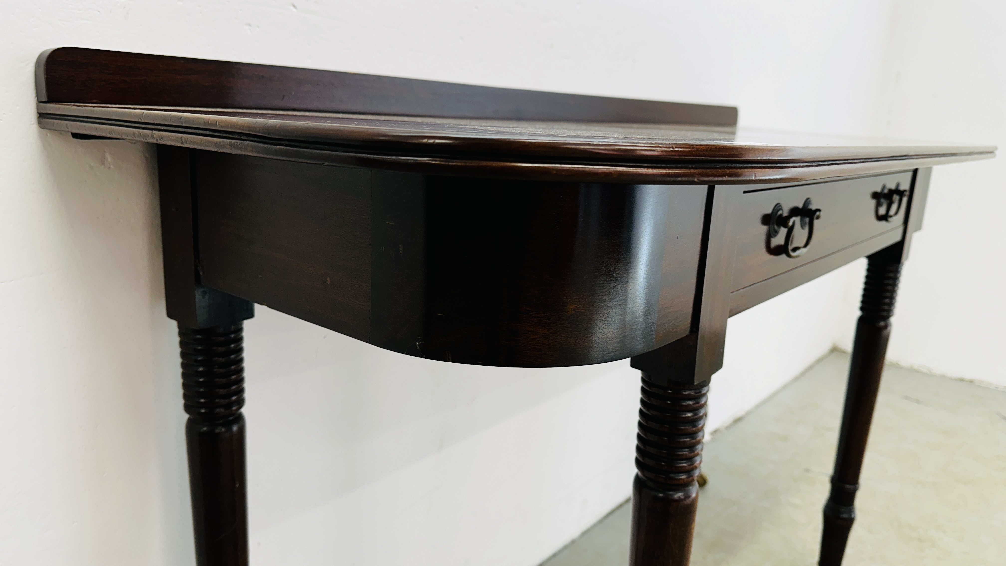 A MAHOGANY D END TABLE SUPPORTED ON BRASS CASTERS 126CM W X 49CM D X 79CM H. - Image 5 of 14