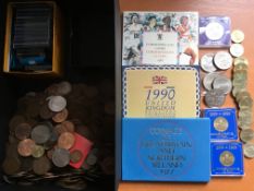 COINS: BOX WITH MAINLY GB TO INCLUDE 1977 PROOF SET, 1990 UNCIRCULATED SET, £5 CROWNS (6), £2 (15),