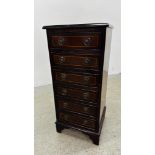 MAHOGANY 6 DRAWER TOWER CHEST WITH INLAID DETAIL AND CIRCULAR HANDLES - W 40CM D 37CM H 88CM.