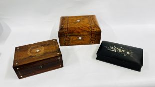 A VINTAGE MARQUETRY WORK BOX ALONG WITH A FURTHER MAHOGANY EXAMPLE AND A LACQUERED GLASS GAMES BOX.