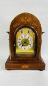 A C19TH ROSEWOOD AND INLAID ARCHED DIAL MANTEL CLOCK, STRIKING ON GONGS HEIGHT 44.5CM.