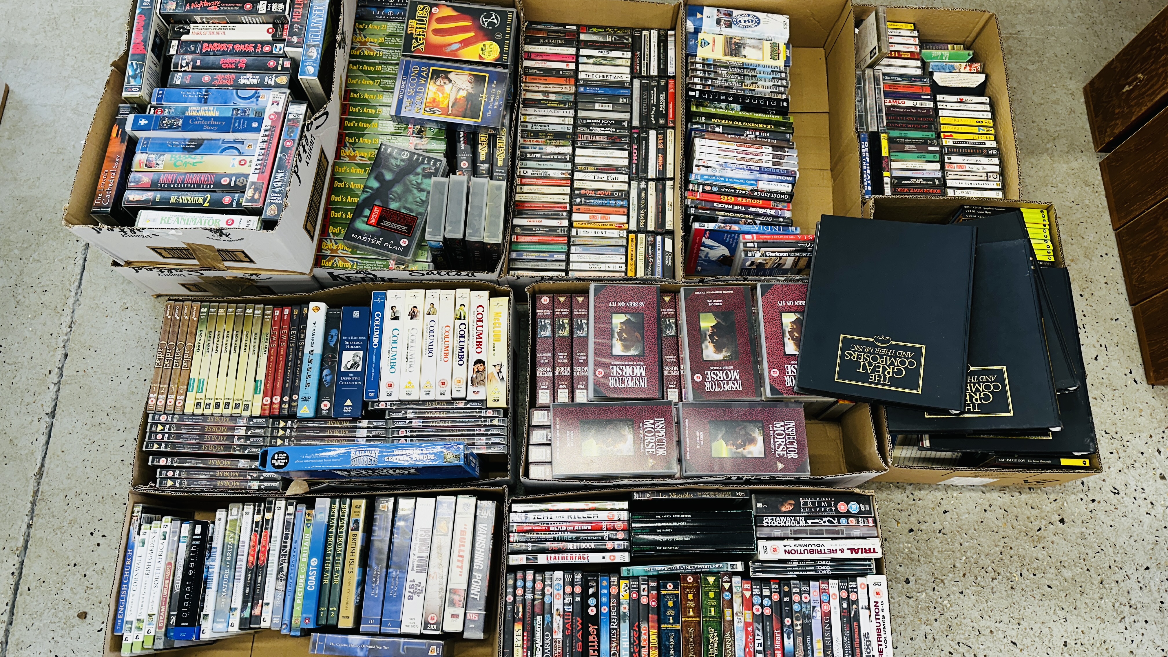 A LARGE COLLECTION OF DVD'S, CD'S, AUDIO CASSETTES AND VIDEOS TO INCLUDE INSPECTOR MORSE,