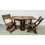SOLID TEAK WOOD GARDEN TABLE AND TWO SOLID TEAK WOOD FOLDING GARDEN CHAIRS.