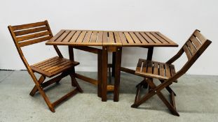 SOLID TEAK WOOD GARDEN TABLE AND TWO SOLID TEAK WOOD FOLDING GARDEN CHAIRS.