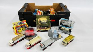 A BOX OF ASSORTED MAINLY VINTAGE DIE-CAST MODEL LORRIES AND CAR TRANSPORTERS TO INCLUDE EXAMPLES