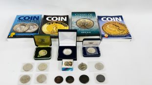 A BOX OF MIXED UK COINS AND 4 BOOKS ON COINS.