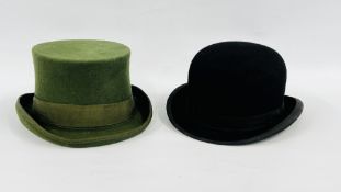 A BOWLER HAT TO INCLUDE LARGE HERBERT JOHNSON AND HAND MADE GREEN TOP HAT.