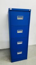 MODERN BLUE 4 DRAWER STEEL FILING CABINET 312CM H X 46CM W XX 62CM D.