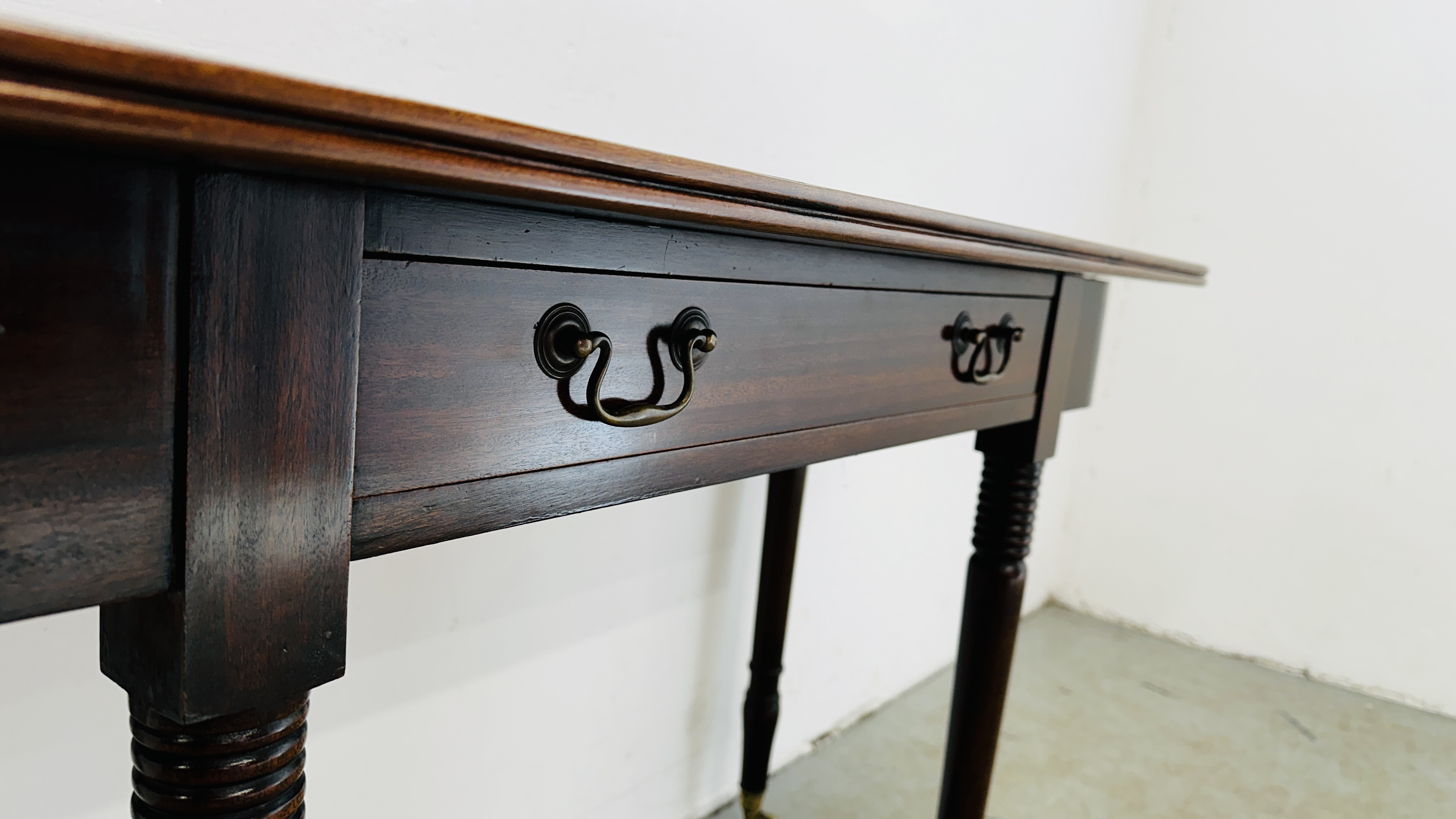 A MAHOGANY D END TABLE SUPPORTED ON BRASS CASTERS 126CM W X 49CM D X 79CM H. - Image 6 of 14