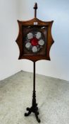 ANTIQUE MAHOGANY POLE SCREEN WITH TAPESTRY DETAIL ON TRIPOD BASE.