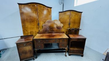 A BURR WALNUT FINISH BEDROOM SUITE COMPRISING OF 2 X 2 DOOR WARDROBES, 2 X SINGLE BEDSTEADS,