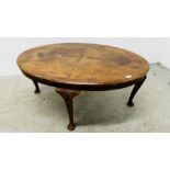 ANTIQUE MARKETRY INLAID OVAL COFFEE TABLE ON QUEEN ANNE LEGS W 106CM X H 45CM.