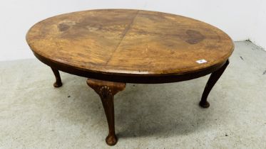 ANTIQUE MARKETRY INLAID OVAL COFFEE TABLE ON QUEEN ANNE LEGS W 106CM X H 45CM.