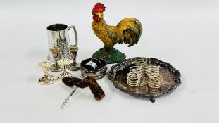 A PAINED CAST COCKERAL DOORSTOP AND A GROUP OF PLATED WARE TO INCLUDE A SALVER,