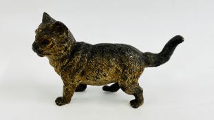 A BRONZE CAT "GESCHUTZT" MARKED TO TAIL L 12CM X H 7.5CM.