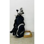 A GOLF BAG AND CONTENTS TO INCLUDE MAINLY DUNLOP GOLF CLUBS AND QUANTITY OF GOLF BALLS.