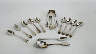 A GROUP OF 12 ANTIQUE SILVER SPOONS, DIFFERENT DATES AND MAKERS AND A PAIR OF SILVER SUGAR NIPS,