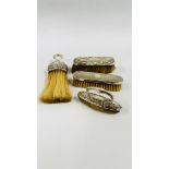 THREE SILVER BACKED DRESSING TABLE BRUSHES AND A SILVER BACKED NAIL BUFF.