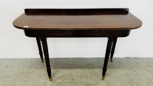 A MAHOGANY D END TABLE SUPPORTED ON BRASS CASTERS 126CM W X 49CM D X 79CM H.
